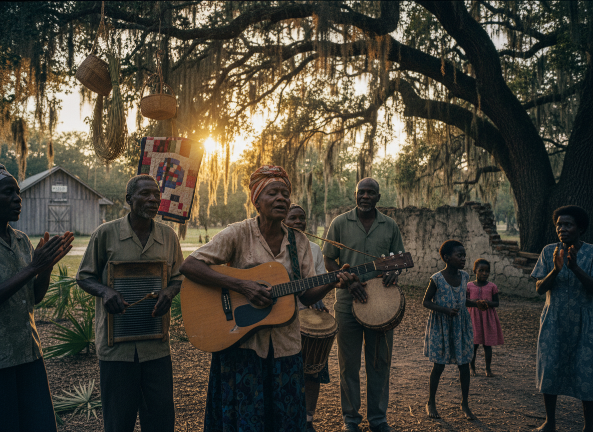 Documentary-style photo representing Beaufort, South Carolina Lowcountry music culture, with subtle nods to Gullah Geechee heritage