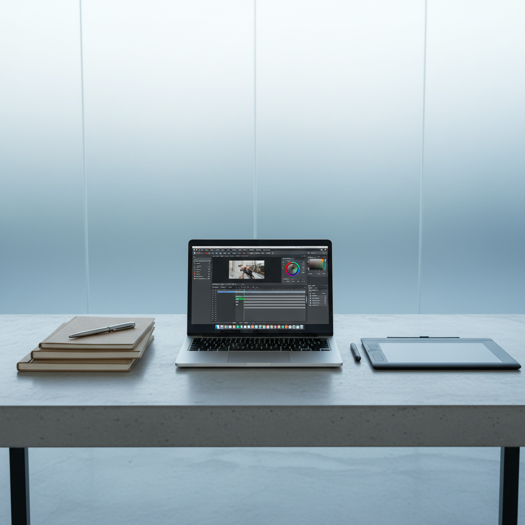 A minimalist desktop workspace featuring a brushed-aluminum laptop with an open editing software interface visible, a slim graphics tablet, and a stack of craft-paper notebooks with a metallic pen laid precisely on top. The setting is a spacious studio with a smooth, concrete work table and a backdrop of frosted glass panels. Cool daylight filters through, creating soft highlights and faint reflective patterns on the workspace. The overall mood is organized, calm, and technically purposeful. Photographed head-on at eye level, utilizing the rule of thirds with clear spatial balance and a structured, corporate aesthetic. The style is clean, photographic, and modern, emphasizing professionalism and the creative process inherent to filmmaking and photography.
